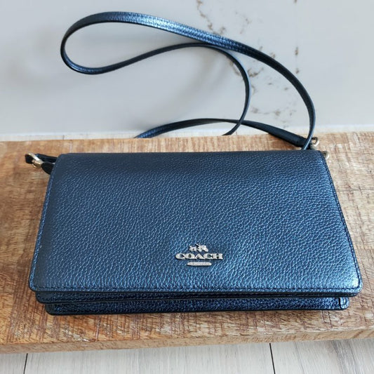 Coach Crossbody Bag Blue Leather Anna Foldover Clutch1