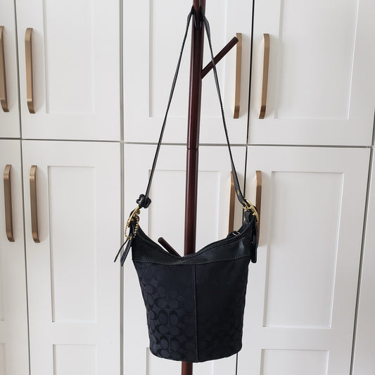 Coach Crossbody Bag Bleeker Black Signature Canvas Leather Trim Bucket Purse 1