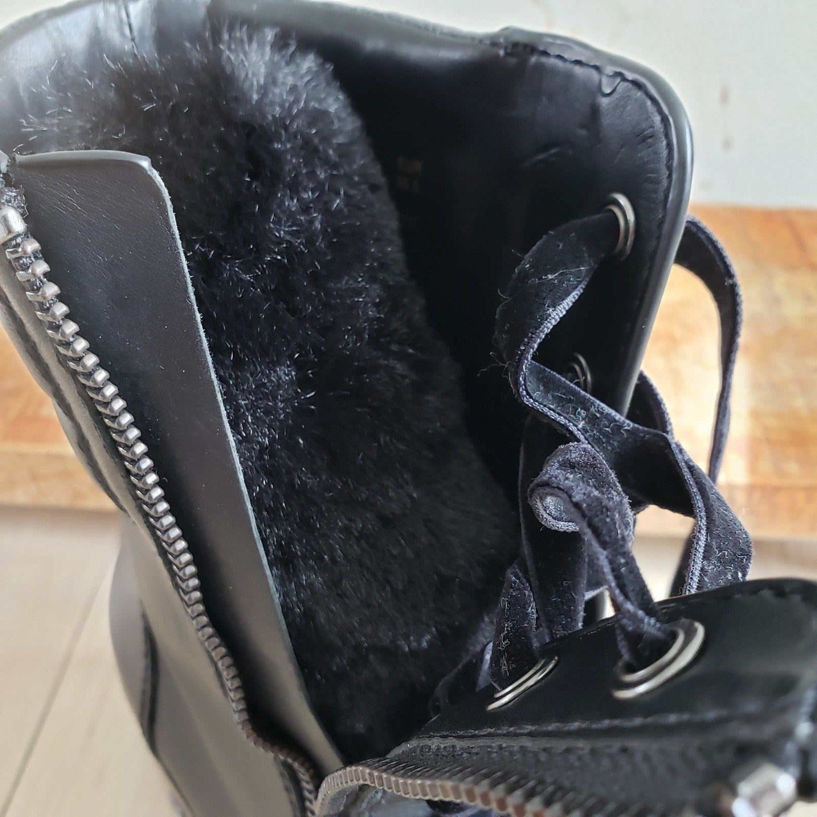 Coach Boots Womens 6 Black Leather Faux Fur Jenna Combat Block Heel8