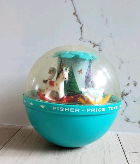 Fisher Price Roly Poly Chime Ball 165 Horse Carousel Swans 1966 Vtg Nursery Toy0