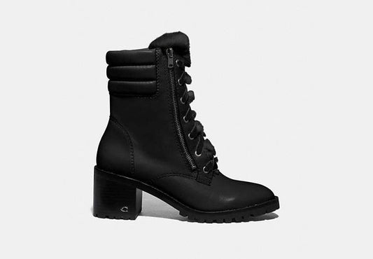 Coach Boots Womens 6 Black Leather Faux Fur Jenna Combat Block Heel0