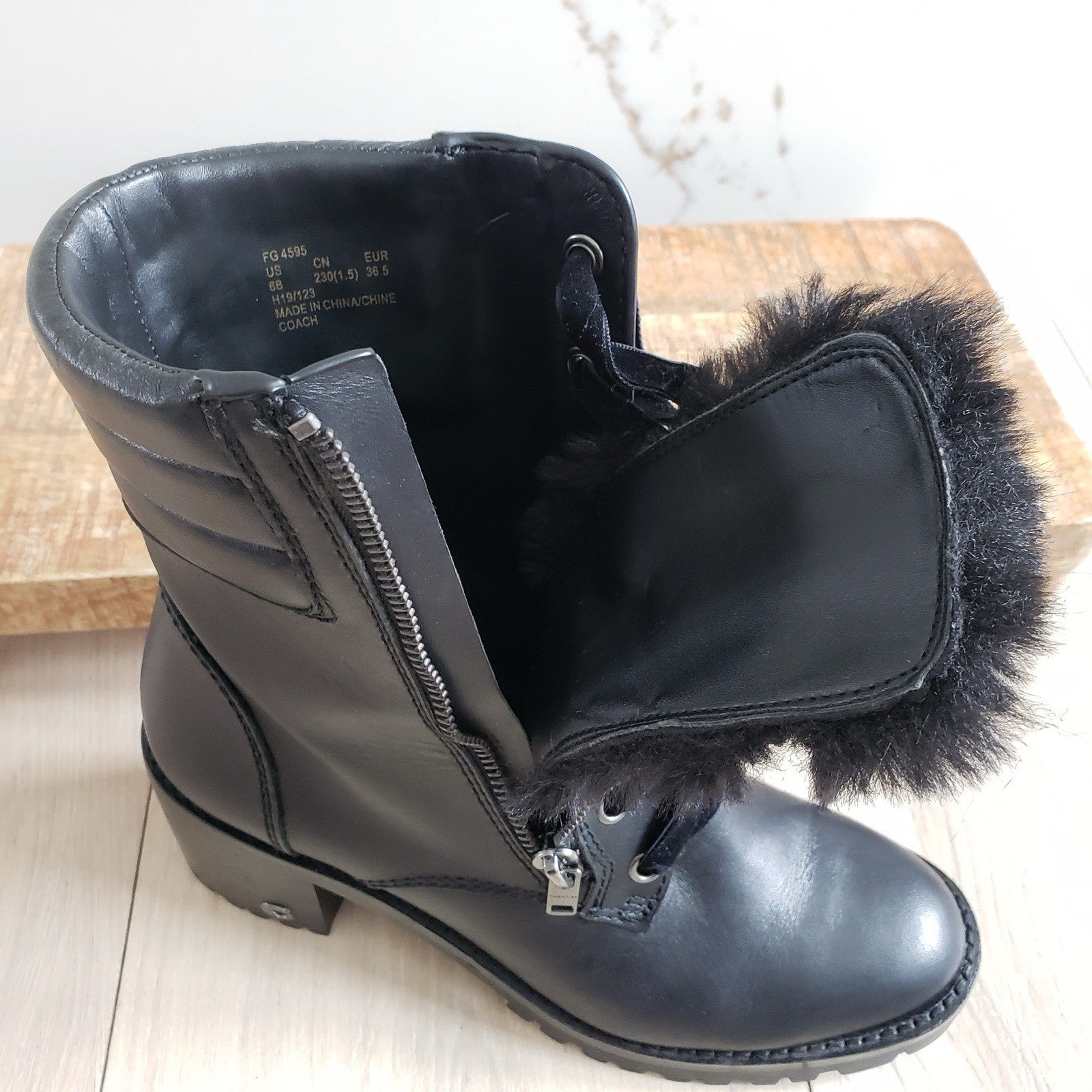 Coach Boots Womens 6 Black Leather Faux Fur Jenna Combat Block Heel9