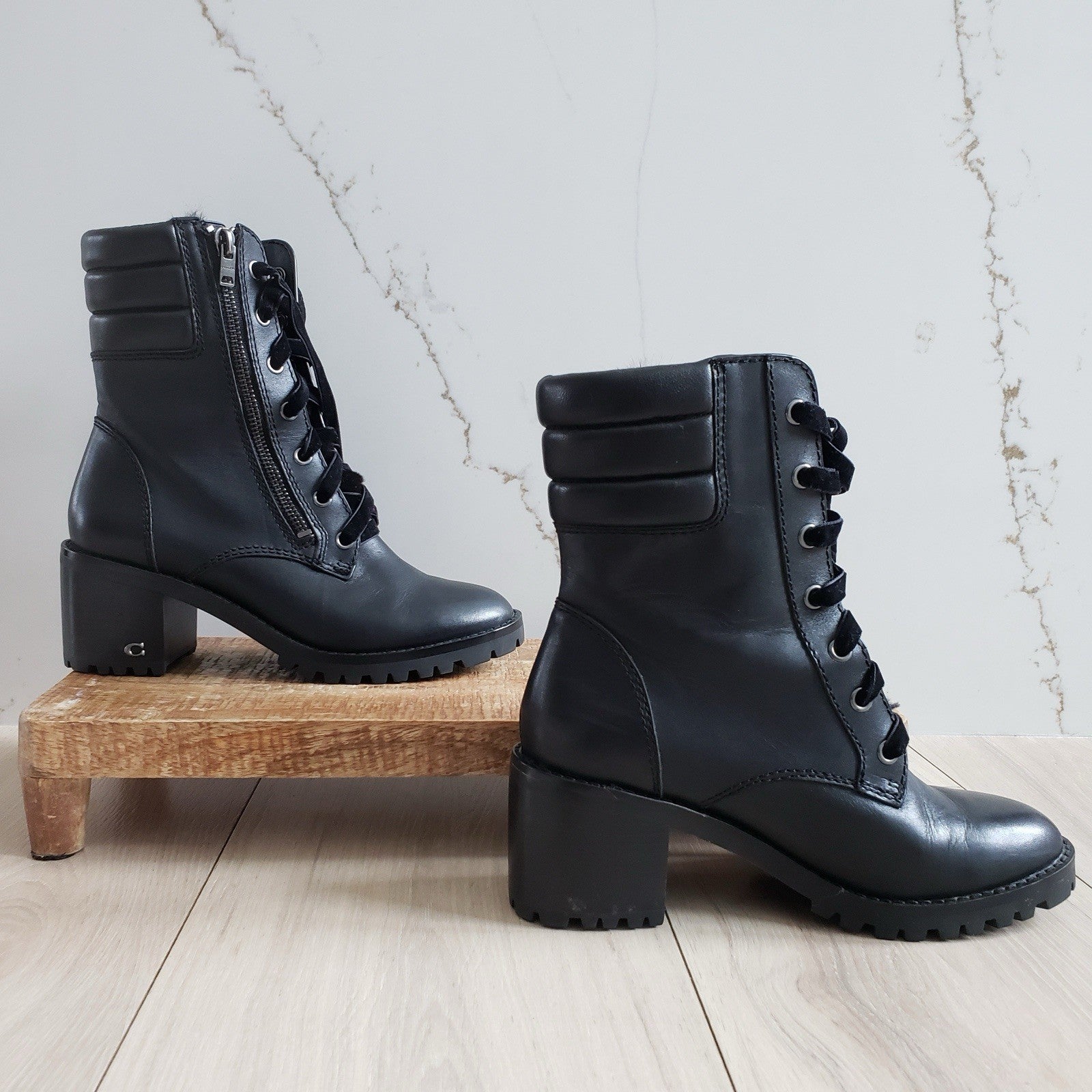 Coach Boots Womens 6 Black Leather Faux Fur Jenna Combat Block Heel3