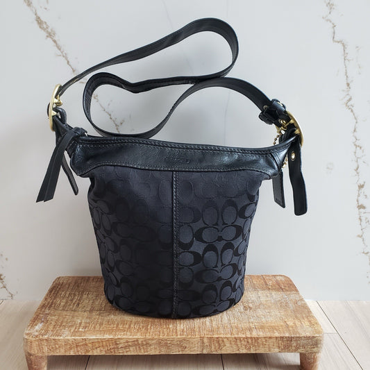 Coach Crossbody Bag Bleeker Black Signature Canvas Leather Trim Bucket Purse 0
