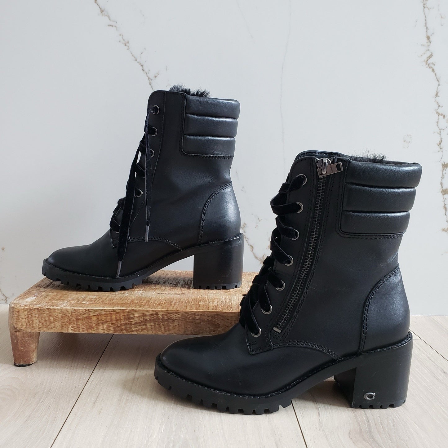 Coach Boots Womens 6 Black Leather Faux Fur Jenna Combat Block Heel2