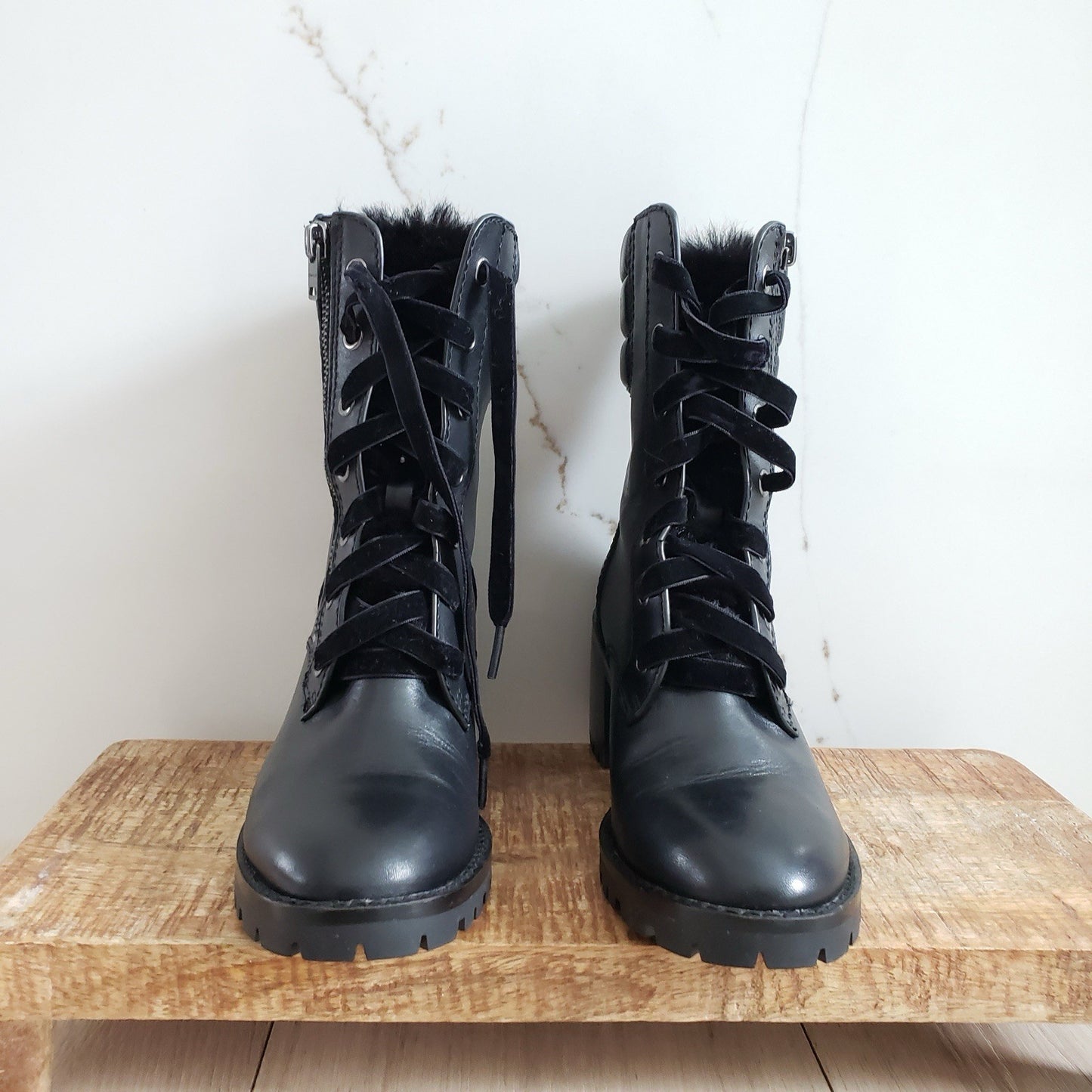 Coach Boots Womens 6 Black Leather Faux Fur Jenna Combat Block Heel4