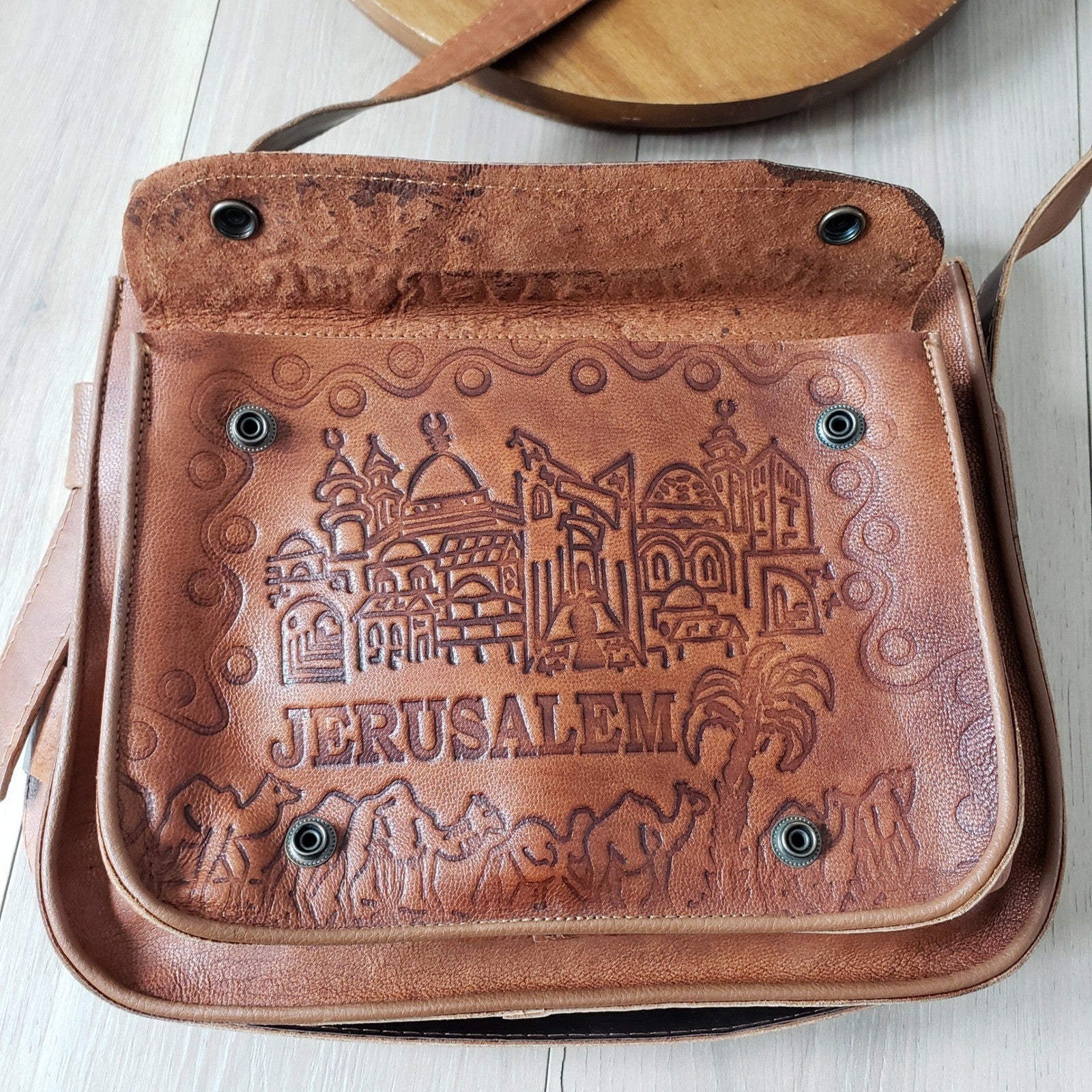Holy Land Jerusalem Messenger Bag Unisex Medium Brown Leather Tooled Souvenir3