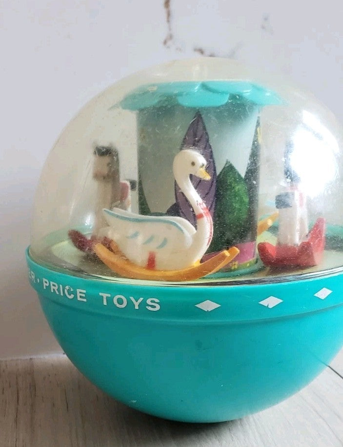 Fisher Price Roly Poly Chime Ball 165 Horse Carousel Swans 1966 Vtg Nursery Toy2