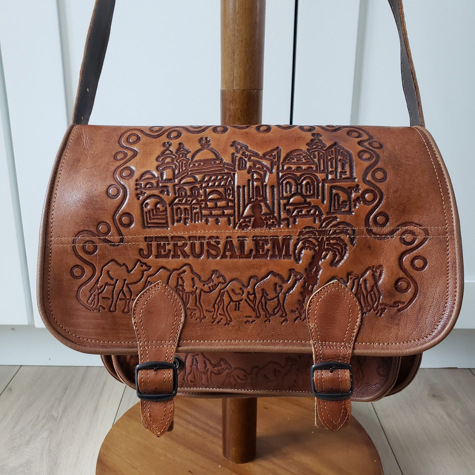 Holy Land Jerusalem Messenger Bag Unisex Medium Brown Leather Tooled Souvenir1