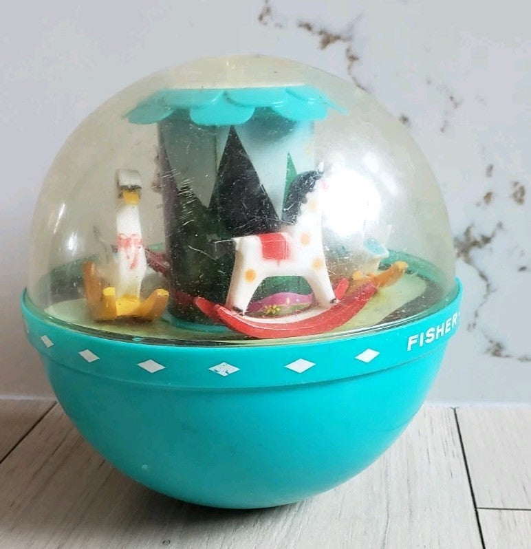 Fisher Price Roly Poly Chime Ball 165 Horse Carousel Swans 1966 Vtg Nursery Toy3