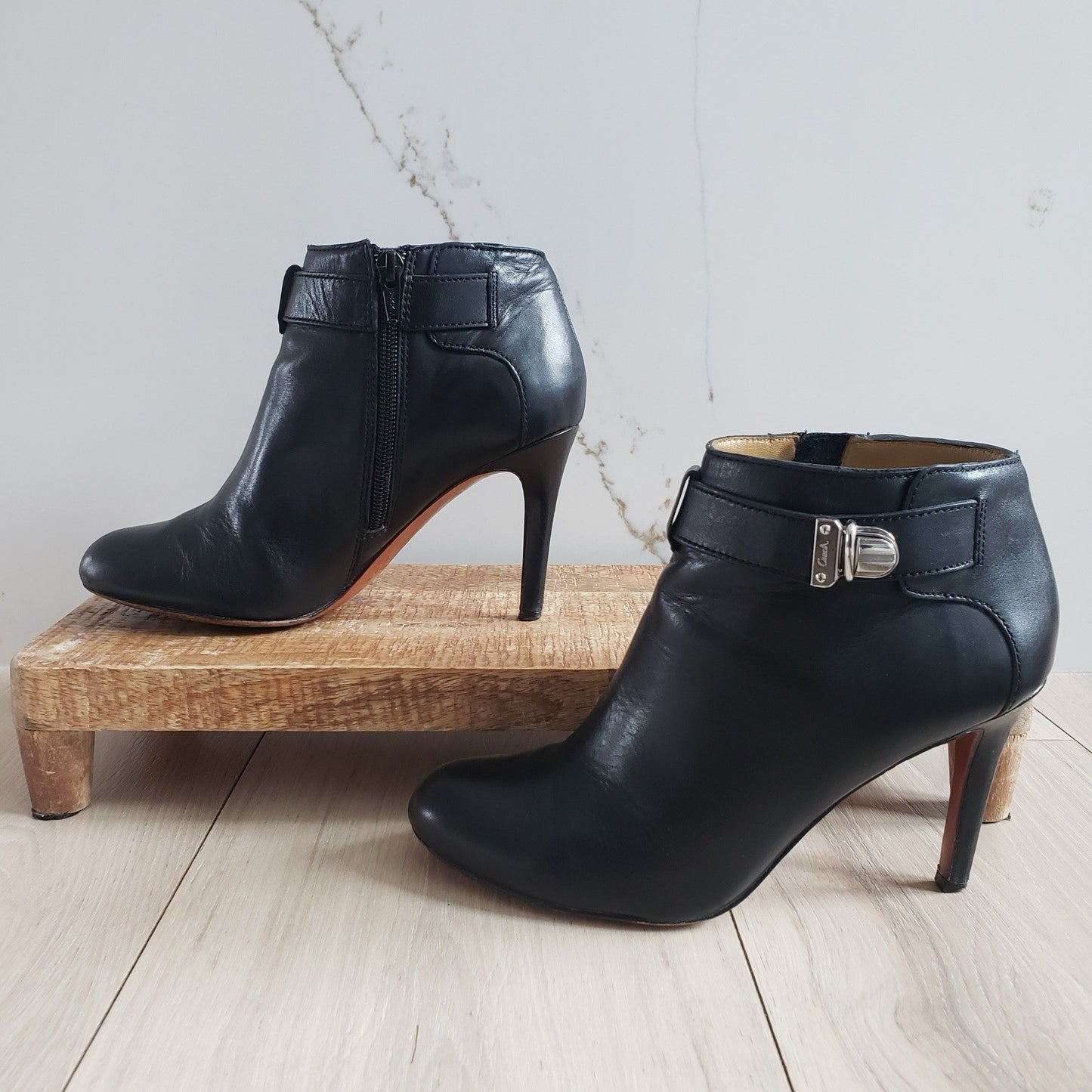 COACH Boots Womens 6.5 Black Sondra Leather High Heel Belted Booties0