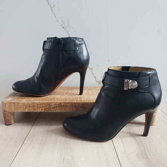 COACH Boots Womens 6.5 Black Sondra Leather High Heel Belted Booties0