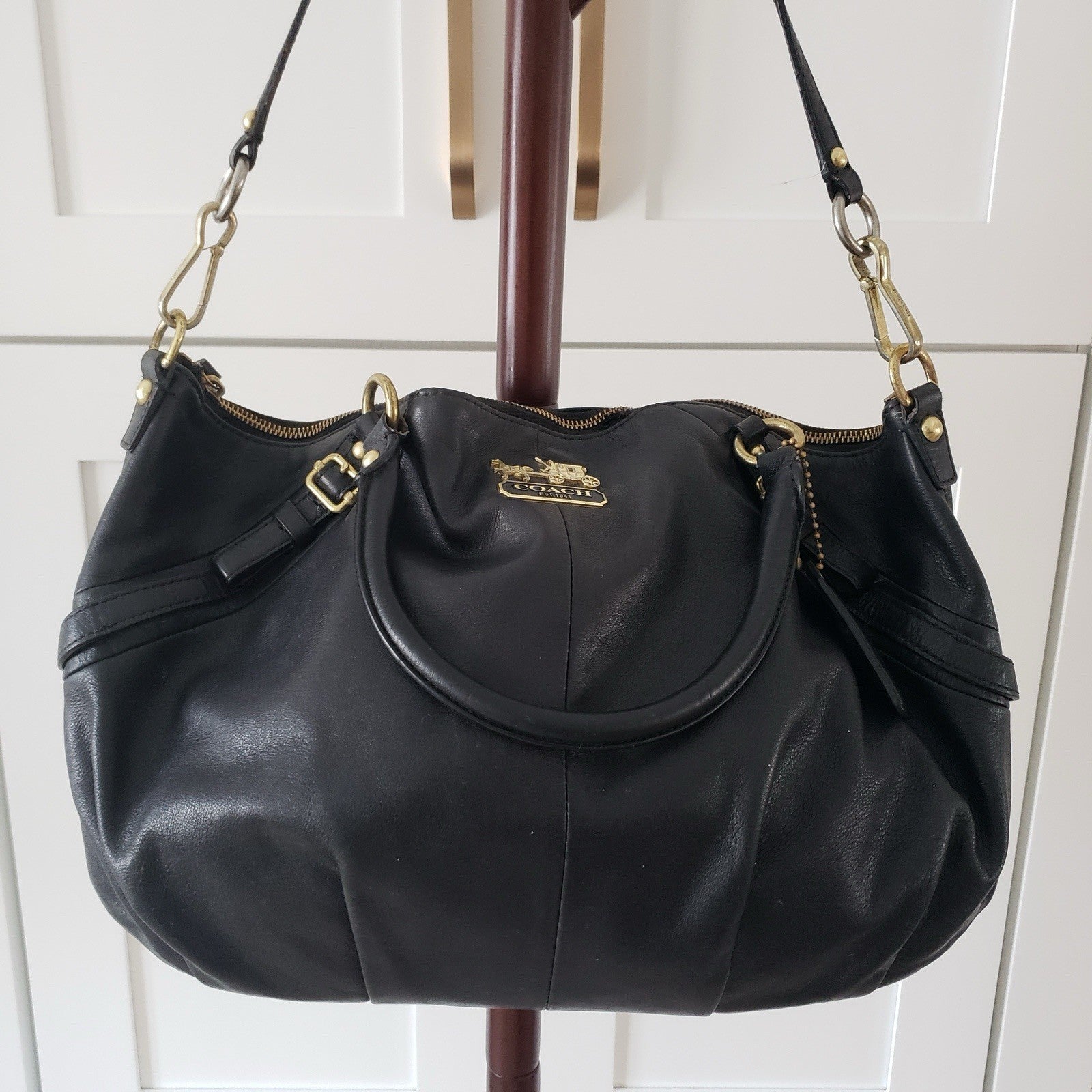 Coach Shoulder Bag Black Italian Leather Madison Satchel Top Handle Tote0