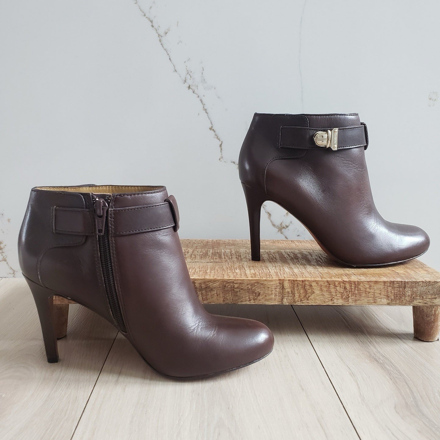COACH Boots Womens 6.5 Brown Sondra Leather High Heel Belted Booties2