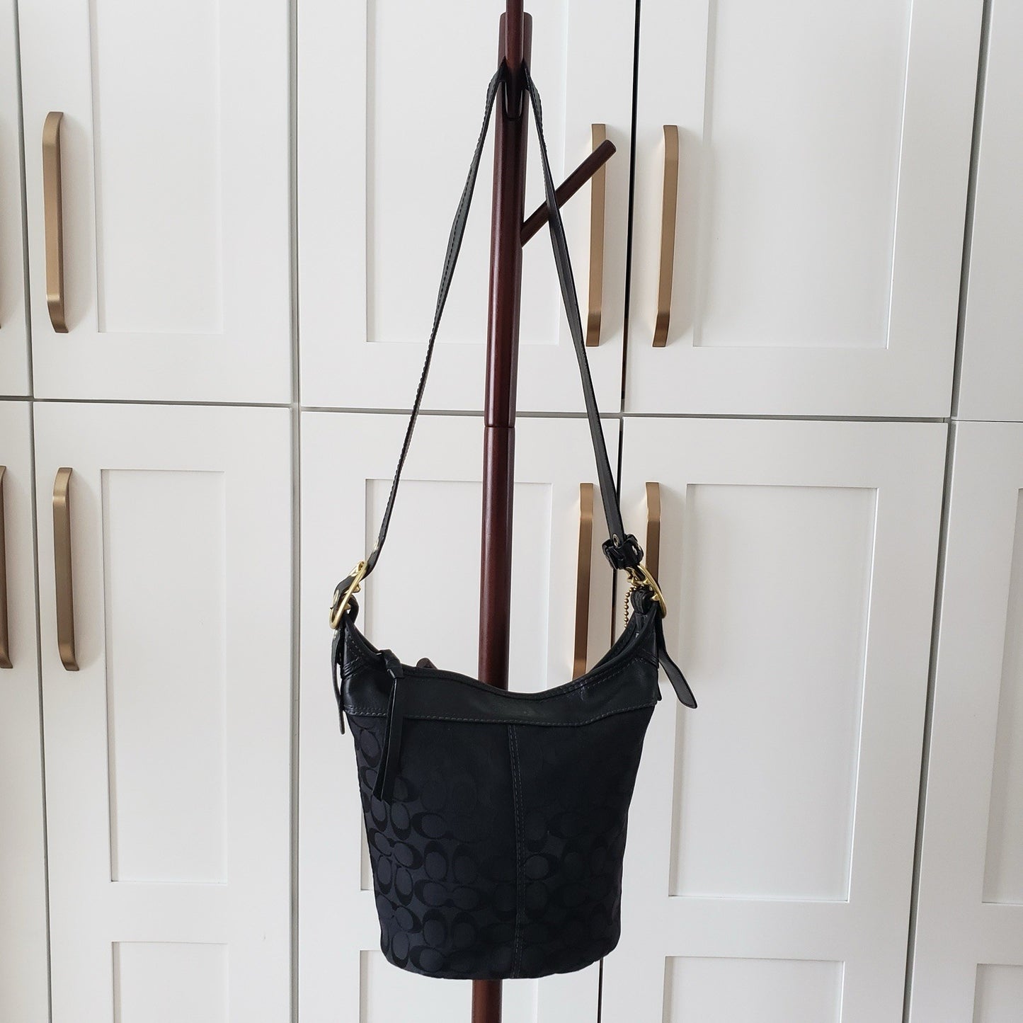 Coach Crossbody Bag Bleeker Black Signature Canvas Leather Trim Bucket Purse 2