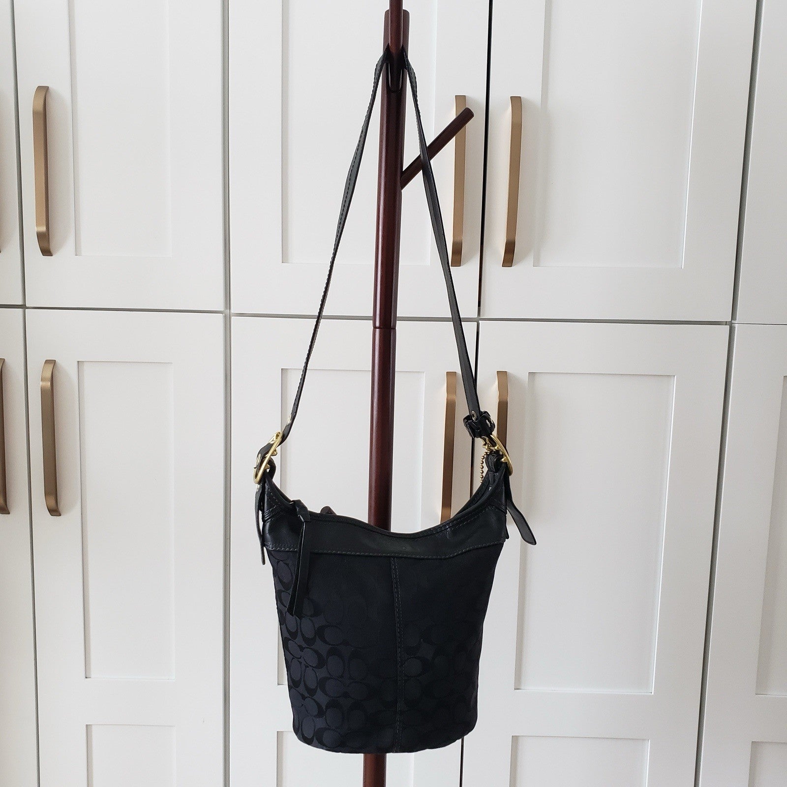 Coach Crossbody Bag Bleeker Black Signature Canvas Leather Trim Bucket Purse 2