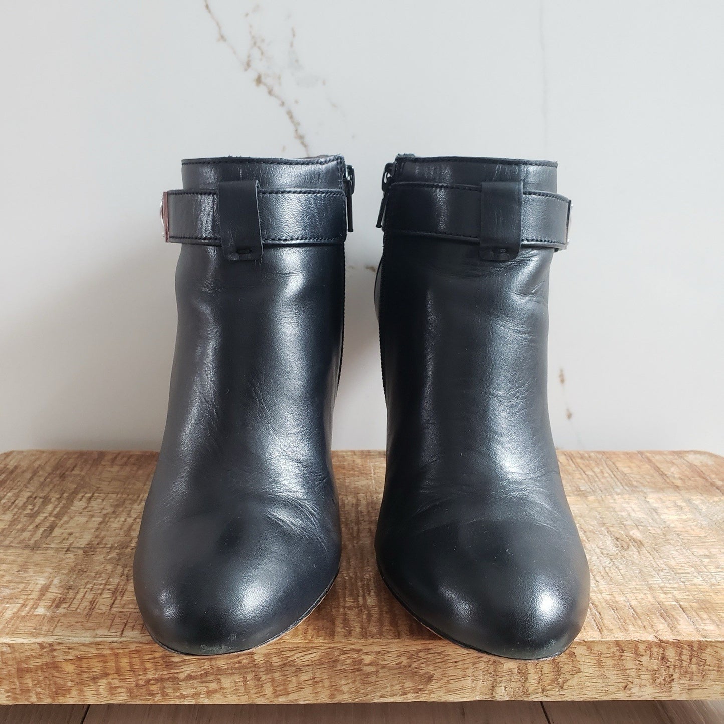 COACH Boots Womens 6.5 Black Sondra Leather High Heel Belted Booties4