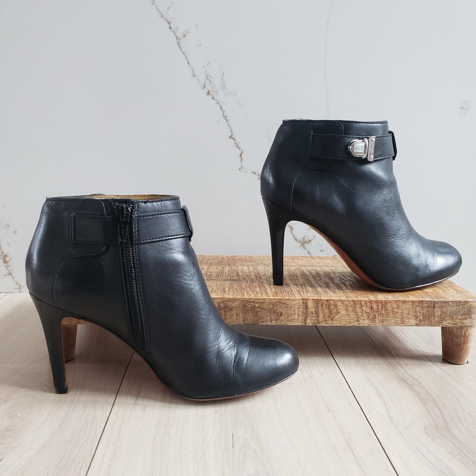 COACH Boots Womens 6.5 Black Sondra Leather High Heel Belted Booties3